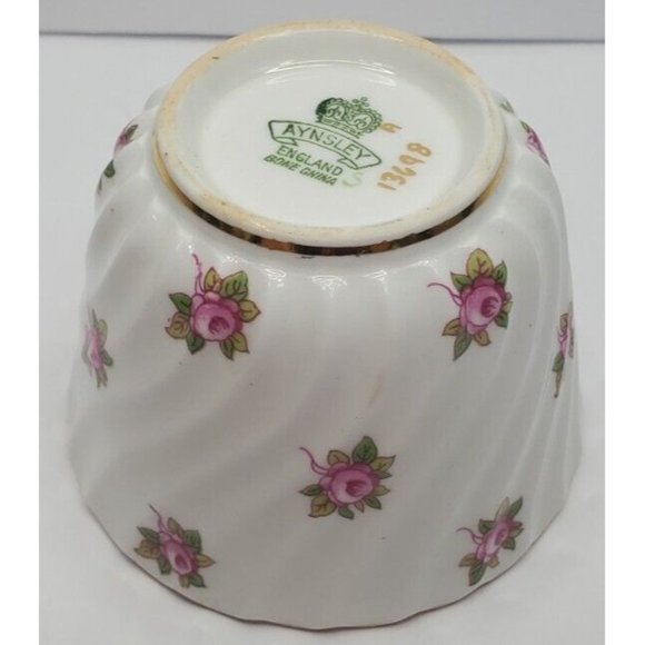 Vtg Ansley Bone China Pudding Cup Pink Roses England Gold Rim Wave Design - Picture 9 of 11